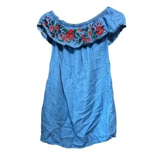 H&M DIVIDED Blue Denim Dress Off Shoulder Floral Embroidered Size 0